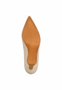 Chaussure à talons hauts beige avec un bout pointu et une tige lisse. Semelle en caoutchouc avec un talon texturé en bois, présentant des motifs de vagues subtils.