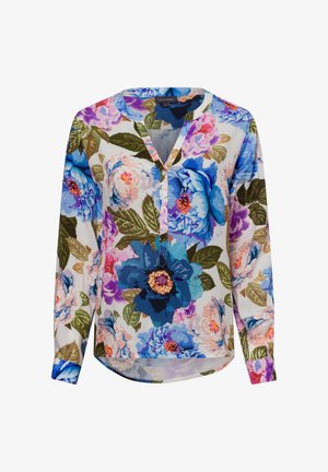 Langärmlige Bluse mit floralen Mustern in Blau, Pink und großen Blumen in Grün, V-Ausschnitt und leicht geschwunghem Saum. Leichter Stoff.
