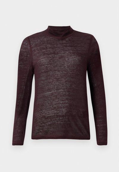 Long-sleeve, lightweight burgundy turtleneck sweater with a semi-sheer knit texture, displayed flat on a white background.