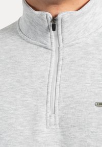 Sudadera de media cremallera en un gris claro, hecha de un suave forro polar con un alto collar, que cuenta con una cremallera negra y un pequeño acento de logotipo metálico.
