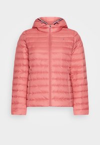 Veste matelassée rose avec capuche, présentant des coutures horizontales, une fermeture éclair à l'avant et des cordons autour du col. Matière légère.
