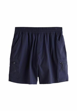 Marineblaue Shorts aus leichtem Stoff mit elastischem Bund, zwei Seitentaschen und einer Reißverschlusstasche an der Seite.
