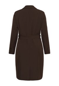 Dark brown long coat with belt at waist, long sleeves with buttoned cuffs, and a back vent, viewed from behind.