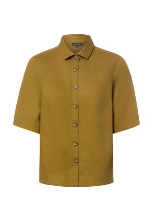 Senfgelbes Kurzarmhemd mit Kragen und sieben braunen Knöpfen vorne.