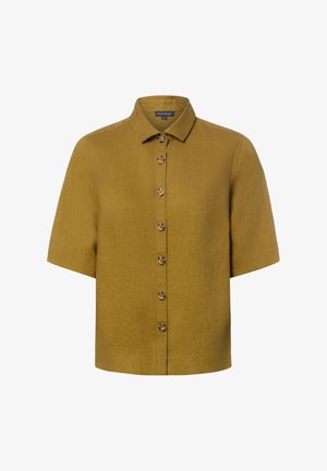 Senfgelbes Kurzarmhemd mit Kragen und sieben braunen Knöpfen vorne.