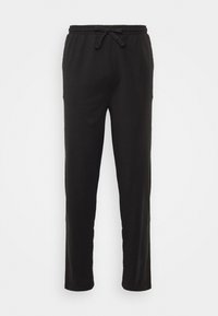 Puha anyagból készült fekete jogging nadrág, elasztikus derékkal, állítható zsinórral és egyenes lábbal. Minimalista stílus, minta nélkül.