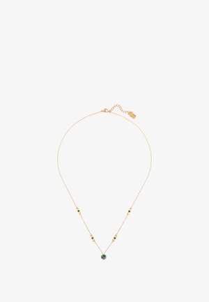 Lănțuc de aur cu un pandantiv central verde și albastru, cu mici accente circulare de-a lungul lănțișorului și un închizător ajustabil.