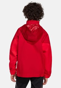 Rote Kapuzenjacke aus einem glatten, leichten Material, mit elastischen Bündchen und einem taillierten Saum. Verfügt über kontrastierende rote Einsätze an den Schultern.
