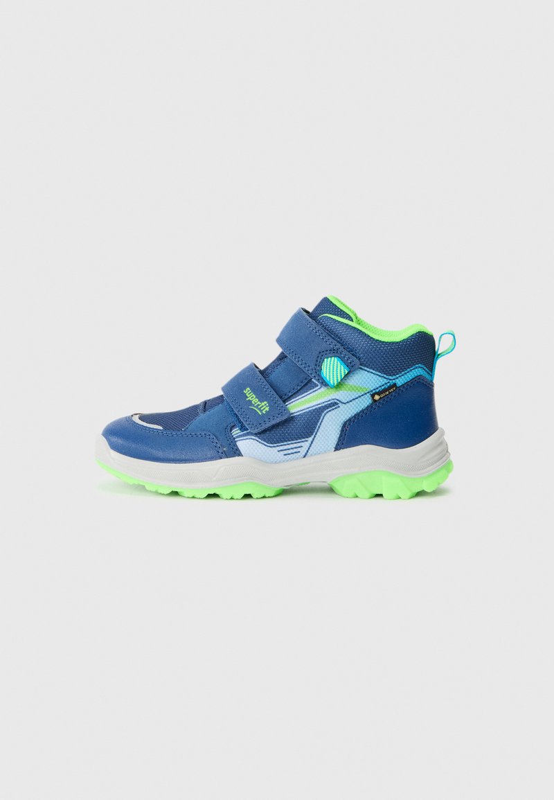 Blauer Sportschuh mit grünen Akzenten, hoch geschnittenem Design, zwei verstellbaren Klettverschlüssen und profilierten Gummisohlen für besseren Halt.