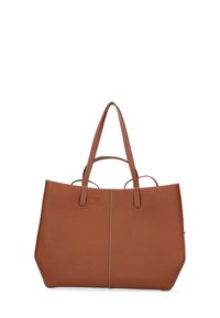 Borsa a tracolla in pelle marrone con un design strutturato, due manici lunghi e cuciture bianche a contrasto. Presenta una cucitura centrale e un dettaglio con logo.