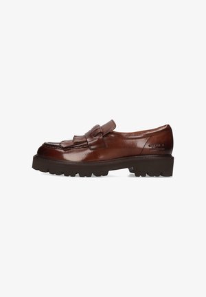 Bruine leren loafers met een franjesdetail en een stevige, textuurvolle zool. Heeft een gladde afwerking en reliëfbranding aan de zijkant.