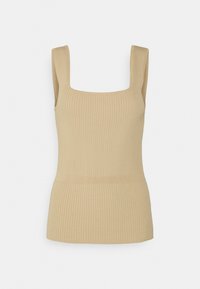 Beige ribbad linne med fyrkantig halsringning. Har breda axelbands och en figurnära midja som svänger något vid fållen.