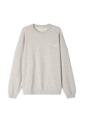 Sweatshirt gris clair en tissu doux, doté d'un col rond, de manches tombantes et d'un petit logo brodé sur la poitrine.