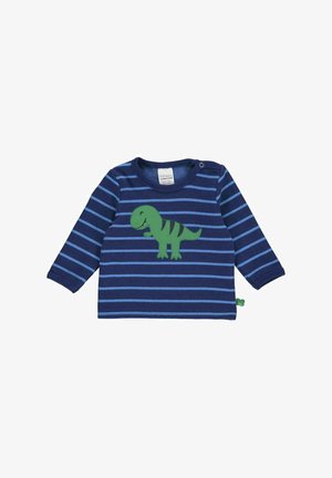 Marineblaues Baby-Langarmshirt mit hellblauen horizontalen Streifen und einer grünen lächelnden Dinosaurier-Applikation vorne.