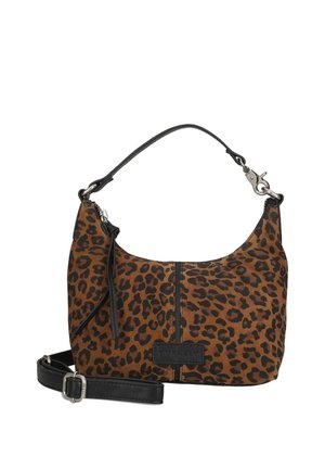 Braune und schwarze Handtasche mit Leopardenmuster, kurzem Griff und abnehmbarem, verstellbarem schwarzen Riemen, mit Reißverschluss und kleinem Leder-Brandpatch.