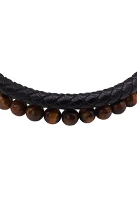 Bracciale in pelle con una fascetta intrecciata nera e una fila di perle di pietra di occhio di tigre marrone lucido, che mettono in evidenza texture lisce e forme tonde.