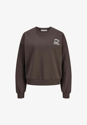 Sudadera de algodón marrón con escote redondo, puños y dobladillo de canalé. Presenta un gráfico de una taza de café blanca con el texto "¡Tómate una taza!"