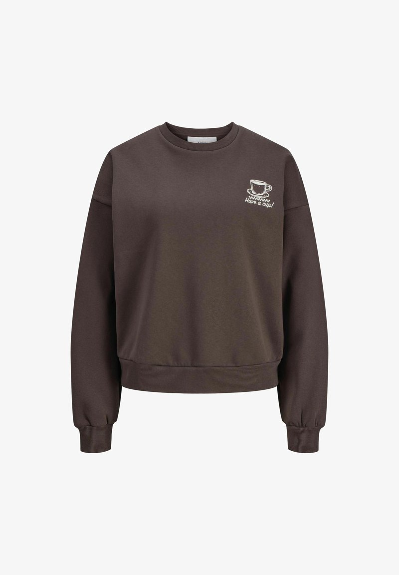 Rudas džemperis, pagamintas iš minkštos medžiagos, su apvalia iškirpte, ribbinguotomis rankogaliais ir apačia, krūtinėje mažas kavos puodelio grafikas ir tekstas.