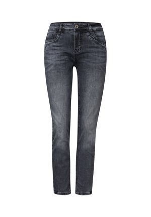 Jean skinny gris foncé avec un design classique à cinq poches, comprenant une fermeture bouton et un délavage subtil pour un aspect usé et une texture lisse.