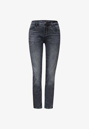 Jeans skinny grigio scuro con un classico design a cinque tasche, dotati di chiusura con bottone e leggere sfumature per un aspetto usurato e una consistenza morbida.
