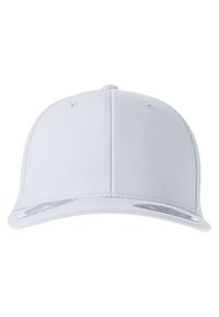 Hvid baseballkasket med struktureret design, tekstureret stof, seks paneler og skygge. Har sølvaccenter under skyggen.