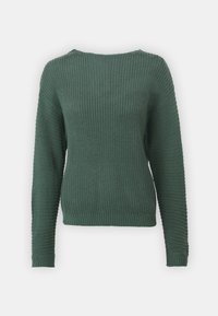 Zelený svetr s texturou, kulatým výstřihem, dlouhými rukávy a žebrovaným lemem. Materiál je po celém povrchu pletený vzorem.