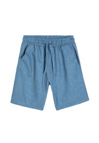 Lyseblå knælange shorts lavet af blødt stof med elastisk liv, justerbar snor og to sidelommer.