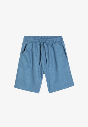 Lyseblå knælange shorts lavet af blødt stof med elastisk liv, justerbar snor og to sidelommer.