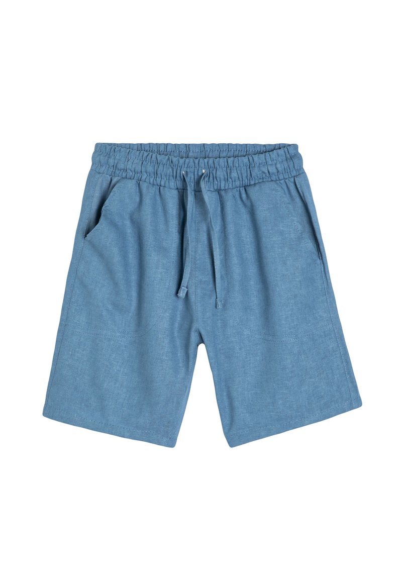 Lyseblå knælange shorts lavet af blødt stof med elastisk liv, justerbar snor og to sidelommer.