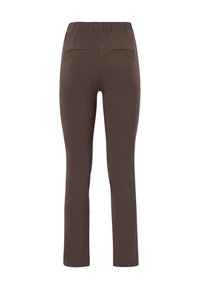 Pantalons marron extensibles avec une texture lisse, dotés d'une taille élastique et de deux poches arrière. Design à jambes droites.