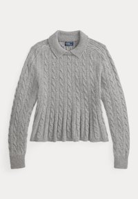 Light gray cable knit sweater with long sleeves and a ribbed collar, cuffs, and hem, laid flat on a white background.