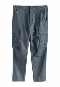 Šedé cargo kalhoty vyrobené z lehkého materiálu, s několika bočními kapsami, zapínáním na knoflík a rovný střih nohavic.