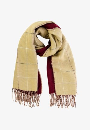 Écharpe tissée beige et bordeaux à motif à carreaux avec des extrémités frangées, doucement pliée sur un fond blanc.