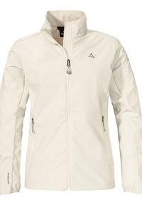 Helle Creme Softshelljacke mit hohem Kragen, durchgehendem Reißverschluss und zwei seitlichen Taschen. Ausgestattet mit einem dezenten Logo auf der Brust und elastischen Bündchen.