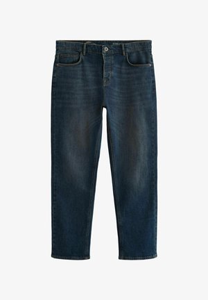 Tmavě modré džíny vyrobené z denimové látky, rovného střihu, s předními kapsami, mírným vytřením a kontrastním prošíváním. Obsahují zapínání na knoflík a zip.