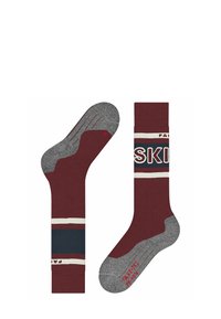 Bordeaux- en grijze sokken met horizontale strepen in marineblauw en crème. Bevatten een geribbelde textuur en de tekst "SKI" op het kuitgebied.