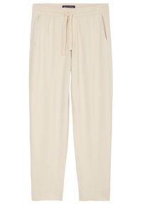 Beige Baumwoll-Jogginghose mit elastischem Bund, Kordelzug und zwei Seitentaschen. Sie zeichnet sich durch eine glatte Textur und gerippte Säume aus.