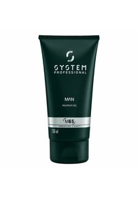 Dunkelgrüne Tube mit Gel und silbernen Akzenten, die das Logo "System Professional", den Text "Man Maximum Gel" und "M65 Creative Code" zeigt. 150 ml.