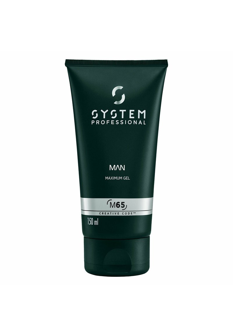 Dunkelgrüne Tube mit Gel und silbernen Akzenten, die das Logo "System Professional", den Text "Man Maximum Gel" und "M65 Creative Code" zeigt. 150 ml.