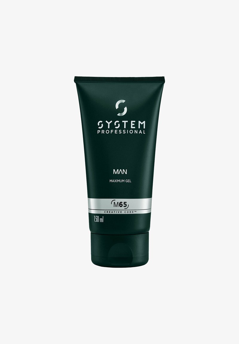 Dunkelgrüne Tube mit Gel und silbernen Akzenten, die das Logo "System Professional", den Text "Man Maximum Gel" und "M65 Creative Code" zeigt. 150 ml.