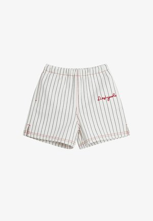 Pantalones cortos blancos con rayas verticales negras, con costuras rojas y la palabra "Desigual" bordada en rojo en el lado izquierdo delantero.