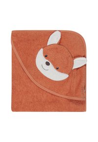 Orange towel with a textured finish features a fox design, plush white ears, and a smiling face embroidered in the center. Rounded corners.