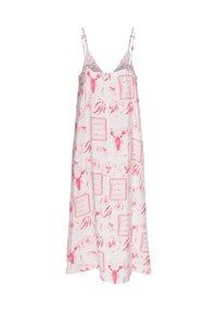 Robe blanche sans manches avec imprimés roses de homard et fruits de mer, avec fines bretelles ajustables et coupe ample et fluide.