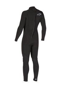 Black wetsuit with long sleeves and full legs, featuring a zipper at the back and reinforced stitching. Brand logo on upper back.