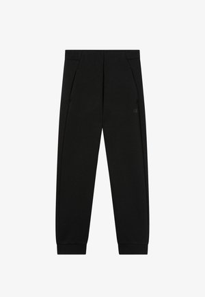 Czarne zwężające się dresy z elastycznym pasem i mankietami, bocznymi kieszeniami oraz dyskretnym logo na górnej części uda.