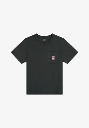 Czarna bawełniana koszulka z krótkim rękawem, okrągłym dekoltem i kieszenią na piersi z małą, prostokątną naszywką z logo.