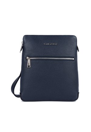 Sac bandoulière en cuir bleu marine avec une surface texturée, une poche zippée à l'avant et un accent en métal argenté. Sangle réglable incluse.