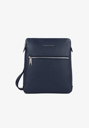 Borsa a tracolla in pelle blu navy con superficie texturizzata, tasca frontale con zip e dettagli hardware in argento. Include una tracolla regolabile.