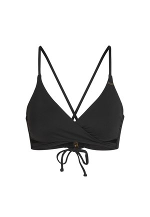 Black bikini top with a wrap design, adjustable tie closure, and criss-cross straps. Smooth texture and simple silhouette.