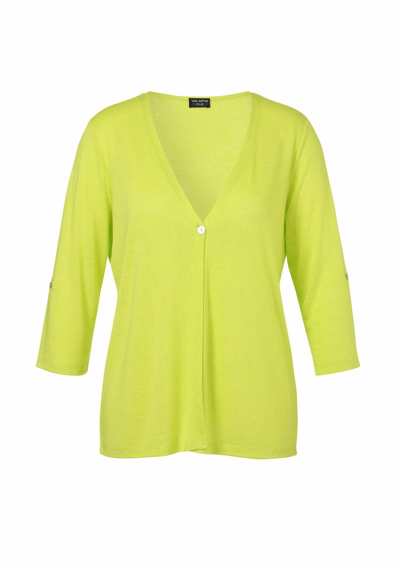 V-Ausschnitt, langärmlige Strickjacke in leuchtendem Limettengrün. Hergestellt aus weichem Material, mit einem einzigen Knopfverschluss und Ärmelbündchen mit einem Knopfdetails.